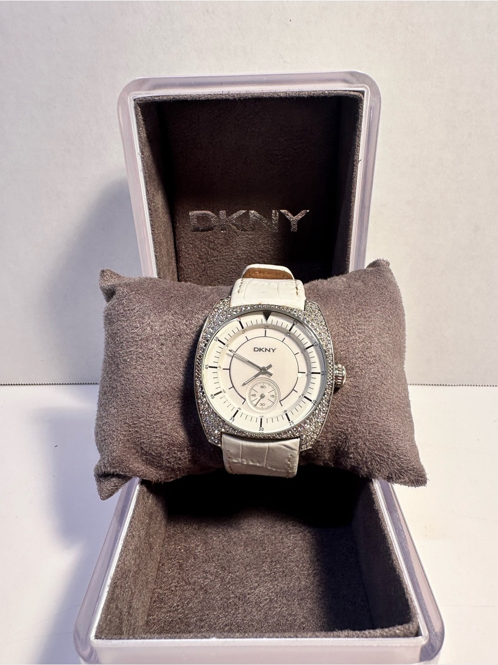 DKNY White Leather Strap Crystal Bezel Watch